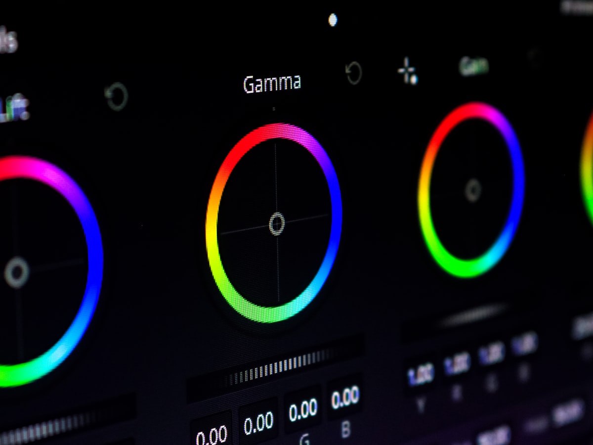 Color grading wheels on a professional editing monitor